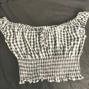 Gingham Off-Shoulder Smocked Crop Top in Black & White